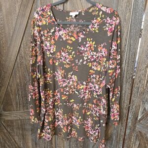 J. JILL Shirt Women's Size 2X Brown Multi Color Floral Layered Tunic Long Sleeve